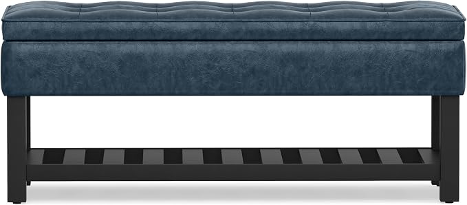 SIMPLIHOME Cosmopolitan Storage Ottoman Bench - 44 inch Wide Upholstered Vegan Leather Rectangle Storage Ottoman in Denim Blue, Transitional Bench for Bedroom with Tufted Lift-Top and Open Shelf