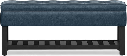 SIMPLIHOME Cosmopolitan Storage Ottoman Bench - 44 inch Wide Upholstered Vegan Leather Rectangle Storage Ottoman in Denim Blue, Transitional Bench for Bedroom with Tufted Lift-Top and Open Shelf