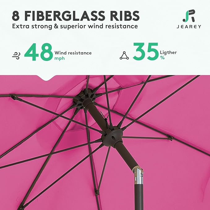 JEAREY 9FT Outdoor Patio Umbrella,Market Table Umbrella with 8 Fiberglass Ribs, Pool Umbrella with Tilt and Crank, UV Protection Lightweight & Wind-Resistant for Lawn, Garden, Deck and Backyard, Rose Pink