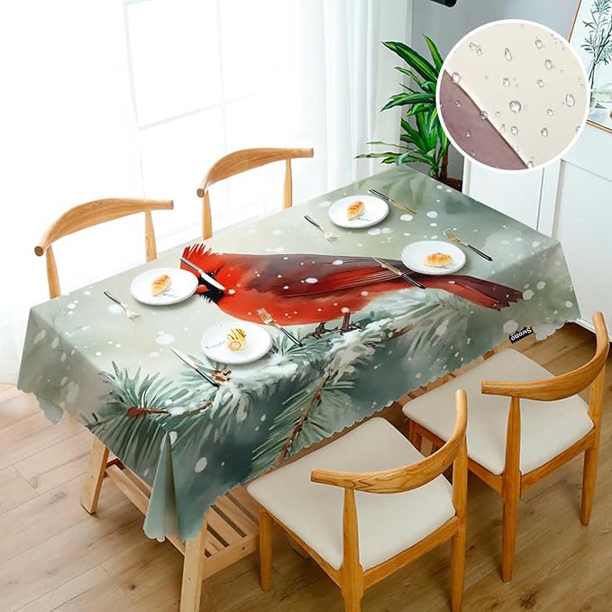 Swono Cardinal Bird Tablecloth Winter Cardinal Bird Red Rectangle Table Cloth Washable Plaid Table Cover for Kitchen Holiday Dinner, 52x 70 Inch Tablecloth
