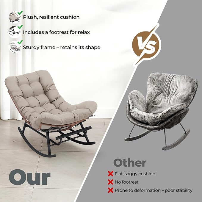 COMHOMA Outdoor Rocking Papasan Chair, Oversized Wicker Patio Rocker, Indoor Comfy Wicker Reading Lounge, Bed-Like Comfort Egg Chair for Bedroom,Balcony, Porch, Garden, Brown