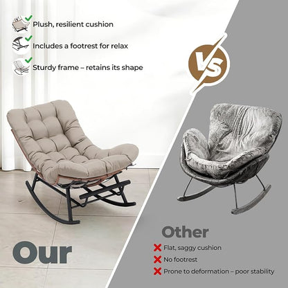 COMHOMA Outdoor Rocking Papasan Chair, Oversized Wicker Patio Rocker, Indoor Comfy Wicker Reading Lounge, Bed-Like Comfort Egg Chair for Bedroom,Balcony, Porch, Garden, Brown