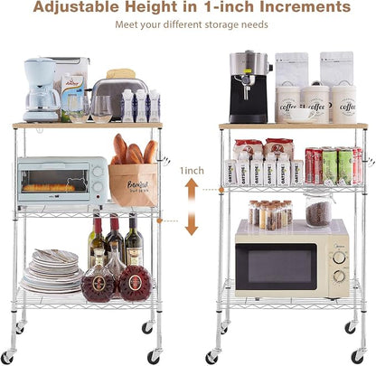 BolDuck 450Lbs Capacity Microwave Cart with Wheels, 3 Tier Rolling Cart with Adjustable Shelves, Multifunctional Metal Utility Storage Kitchen Carts on Wheels, 23.6" L*15.7" W*37" H, Wood+Chrome