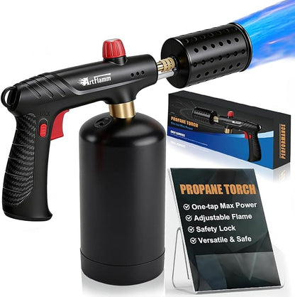 ARTFLAMM Propane Torch with Safety Lock, Powerful Cooking Blow Torch Gun for Grill, BBQ, Sous Vide & Charcoal– Adjustable Flame Cooling Vents Design (Tank Not Included)
