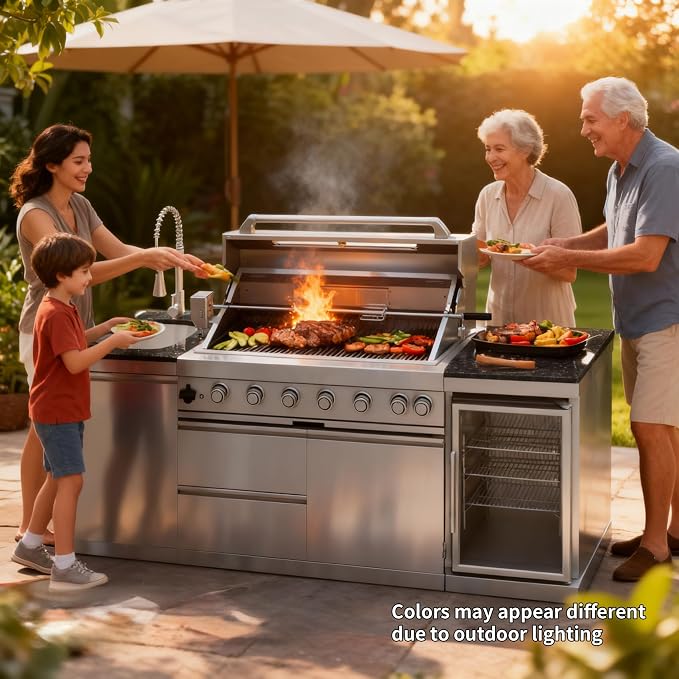 82" Modular Outdoor Kitchen Island with Grill, 6-Burner 85,000 BTU Propane BBQ Island, 304 Stainless Steel, Refrigerator, Sink & Rotisserie, for Backyard and Patio Cooking, Silver