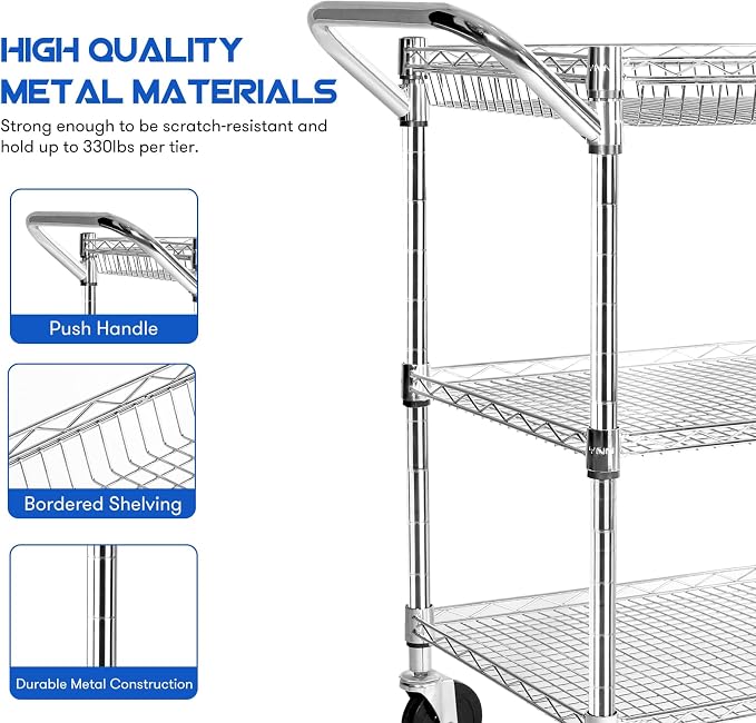 YNN Chrome Utility Rolling Cart,990Lbs 3 Tier Heavy Duty Metal Cart with Wheels & Handle NSF Wheeled Cart 31" D x 18" W x 33" H for Bedroom, Bathroom, Kitchen,Garden,Decor,Serving
