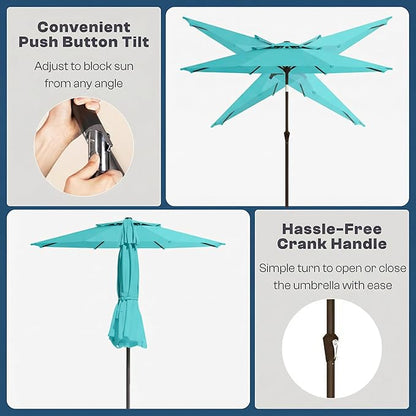 Outdoor Patio Umbrella, 2 Tiers Market Table Umbrella with 8 Sturdy Ribs, Push Button Tilt and Crank, UPF50+ UV Protection for Deck, Pool, Garden and Backyard
