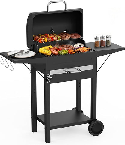 Charcoal Grills with Side Tables and Bottle Opener, 20'' Smoker Barbecue BBQ Grill with 2 Wheels for Backyard Patio Camping and Parties, Black