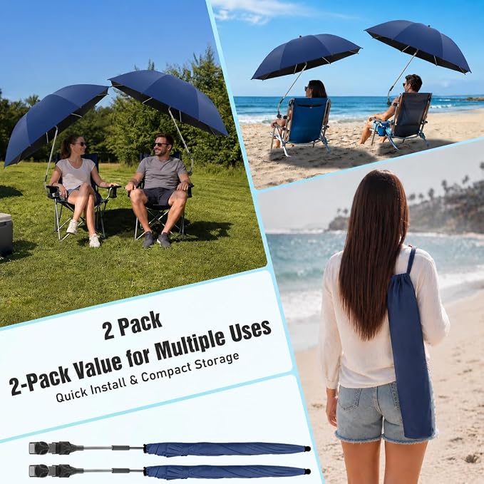 2 PACK Beach Umbrella with Clamp, 360 ° Adjustable Umbrellas for Chair, UPF50+ Umbrella for Beach Chair, Patio Chair, Wheelchair, Camping Chair, Golf Carts (Chair Not Included)