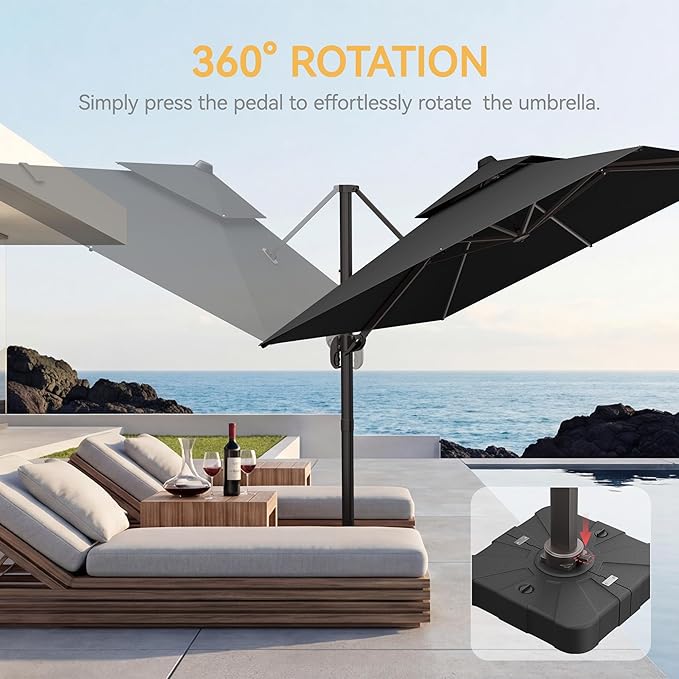 10x13 FT Patio Umbrella with Base, Large Cantilever Rectangular Double Top Heavy Duty Offset Umbrellas with 361° Rotation, Outdoor shade for Garden Deck Pool Patio, Gray