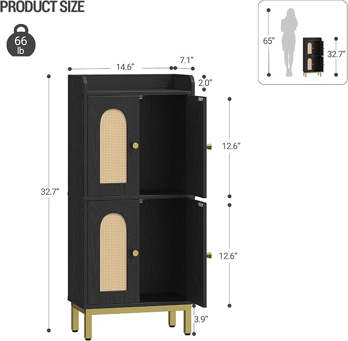 Hzuaneri Bathroom Cabinet, Small Storage Cabinet with 4 Doors | Bathroom Organizers and Storage Cabinets with Adjustable Feet. Cabinets Freestanding for Living Room, Kitchen, Rattan black