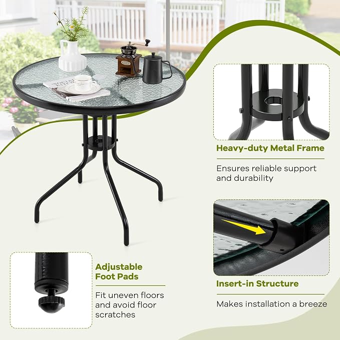 Giantex 31.5" Outdoor Bistro Table, Patio Round Dining Table w/Tempered Glass Tabletop & 2" Umbrella Hole, Heavy-Duty Metal Frame for Garden Yard Poolside Porch (31.5"x31.5"x28.5")