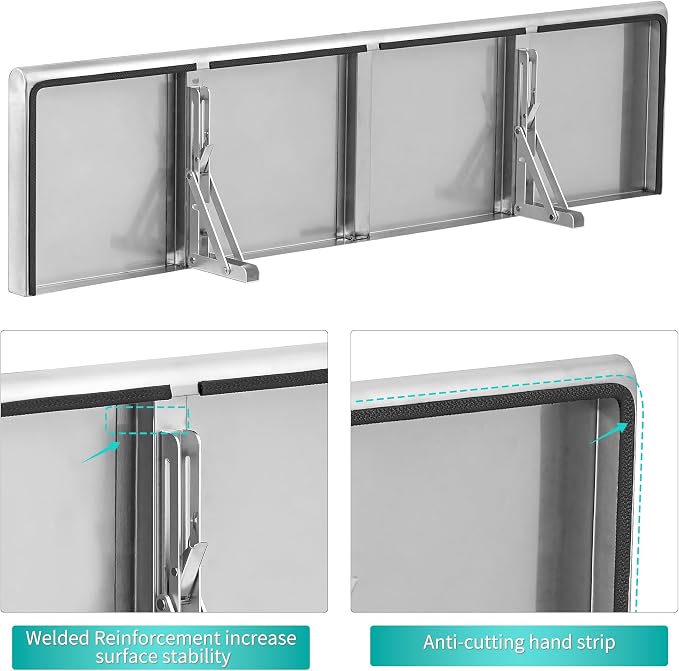 Concession Shelf 48"L x 12"W，22 gauge ASTM 304 Stainless Steel Folding Serving Food Shelves ，Wall Mount Shelving , Stainless Steel Shelf For Food Truck, grill area,BBQ working table, Restaurant .NSF