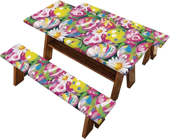 3 PCS Fitted Picnic Table Cover with Bench Cover Fitted Rectangle Tables and Seats Easter Egg Daisy Outdoor Picnic Table Cover for Camping