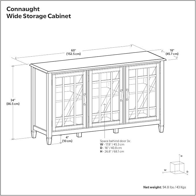 SIMPLIHOME Connaught 60" Wide Solid Wood Buffet Cabinet in Black | Traditional sideboard with glass doors, adjustable shelves and notched legs for the dining room, entryway or living room.
