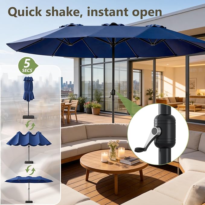 15FT Patio Umbrella, Double-Sided Outdoor Umbrella with base included, Large Standing Umbrella with Crank Handle & Ventilation, Rectangular patio umbrella for Pool, Backyard, Deck, Lawn & Beach