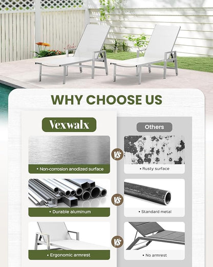 Vexwalx Patio Chaise Lounge Outdoor with Wheels&Armrests, Aluminum Pool Lounge Chairs 5-Position Adjustable Recliner, Sun Beach Lounge Chairs for Poolside, Patio, Deck, Yard, White