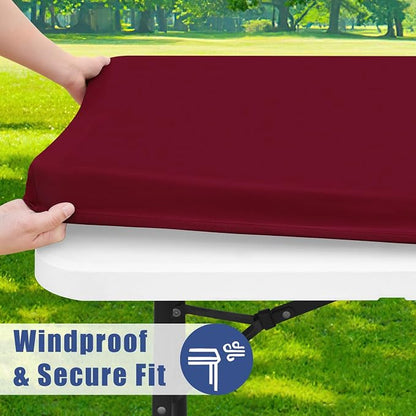 Moosfor 2 Pack Rectangle Spandex Fitted Table Cloth, 6FT Elastic Tablecloth | Washable Picnic Table Cover, Stretch Waterproof Table cloths for Party, Patio, Dining, Kitchen, 30" x 72", Wine Red