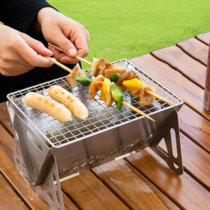 Mini Portable Charcoal Grills, Small Stainless Steel Camping BBQ Grill Detachable Design Fire Pit Grill with Carry Bag for Outdoor Cooking, Bonfire, Patio, Backyard