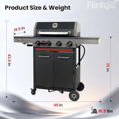Flintex 4-Burner Propane Gas Grill with Infrared Searing Side Burner and Porcelain-Enameled Cast Iron Grates & Pan, Outdoor BBQ Grill with 46,500 BTU Output, 490 sp.in. Cooking Area, Black