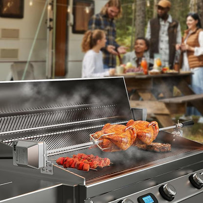 TURBRO Stainless Steel Rotisserie Kit for Gas Grills with A Cookbox up to 39’’ - Includes 4W Electric Motor, 34’’ - 45’’ × 5/16" Square Spit Rod, Meat Forks, Counterweight - for Outdoor BBQ