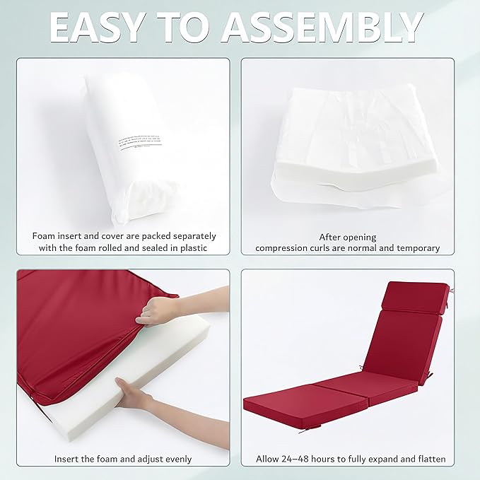 72 x 21 Inch Outdoor Chaise Lounge Cushion - Removable Cover, 4-Section Design, Water-Repellent & Fade-Resistant, 6 Tie Straps, Replacement for Patio & Pool Chairs - Burgundy