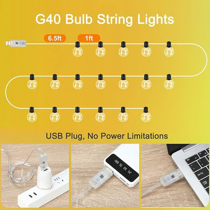 Outdoor String Lights USB Plug-in,30ft 20 Color Changing LED Bulbs | 220+ Scene Modes, Dimmable, Remote & App Control, Shatterproof Globe Bulb Waterproof for Patio Backyard Balcony Bistro Decor
