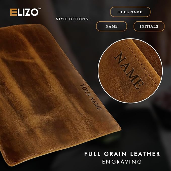 ELIZO Personalized Premium Full Grain Leather Chef Knife Roll, 17L x 14W inches Knife Storage Travel Case, Professional Customizable Chef Knife Case - Holds 4 Chef Knives