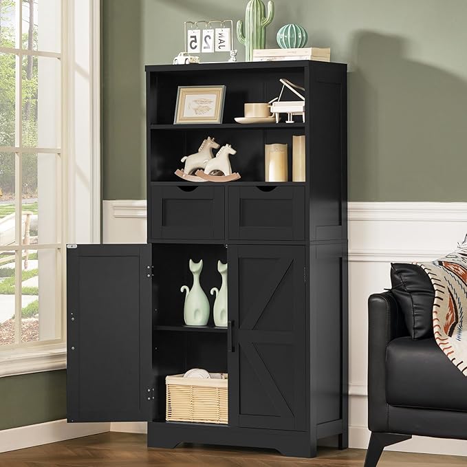 Storage Cabinet with Doors & 2 Drawers, Kitchen Cabinet with Adjustable Shelf, Pantry Cabinets, Bathroom Cabinets, for Living Room, Entryway, Home Office, Black