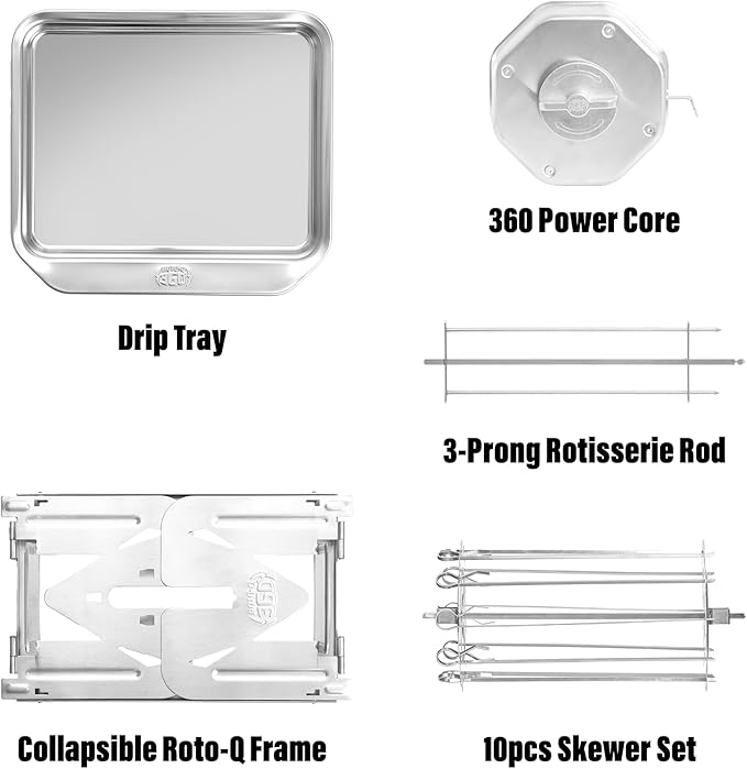 ROTO-Q 360 Non-Electric Rotisserie Kit with 10-Piece Skewer Set - Cordless Spit Roaster for Grills, Ovens, Smokers, BBQs - Indoor & Outdoor Cooking (Stainless Steel)