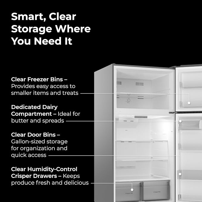 Kenmore 25 cu. ft. 33" Wide Top Mount Refrigerator - FPR Stainless Steel | Adjustable Glass Shelving, Crisper Drawers, Gallon Door Bins, LED Lighting, Fingerprint Resistant SS, ENERGY STAR Certified