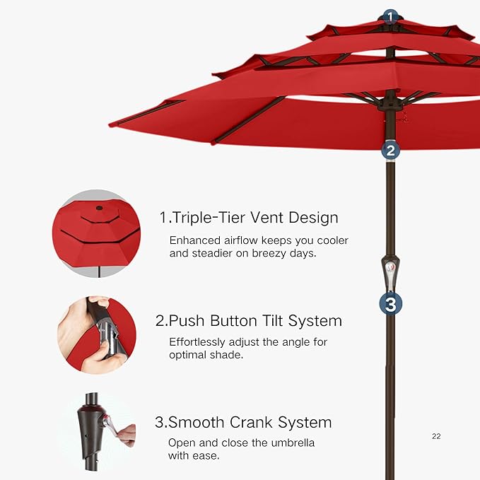 Kingdura 9ft 3-Tier Patio Umbrella, Outdoor Table Umbrella with Easy Crank & Tilt, 8 Reinforced Ribs, UV Protection for Deck, Pool, Market, Backyard (Red)