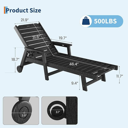 Garvee Lounge Chair Outdoor with Wheels & 5-Position Adjustable Backrest, Oversized Chaise Lounge with 2 Move Handle, HDPE Outdoor Lounge Chair w/Detachable Cup Holder, for Patio, Pool,Black