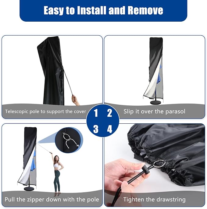 420D Waterproof Patio Umbrella Cover for Double-Sided 13-15 ft | Outdoor Parasol Cover, Telescopic Pole, Windproof Zipper, Top Vent, Anti-UV