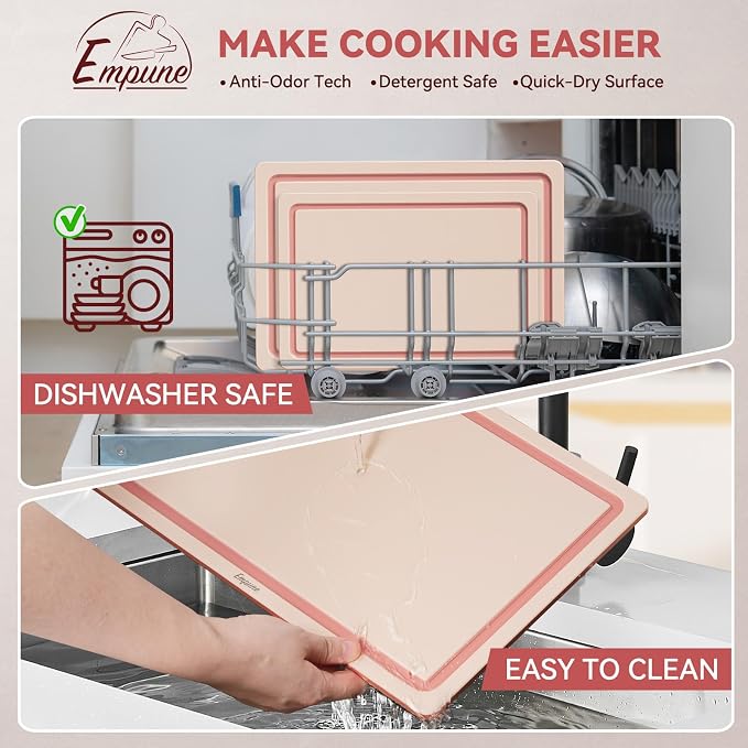 Empune 3-Piece Plastic Cutting Boards for Kitchen - Thick & Non-Slip Chopping Board Set with Juice Grooves, Dishwasher Safe, BPA Free, Includes Large & Small Sizes, Pink