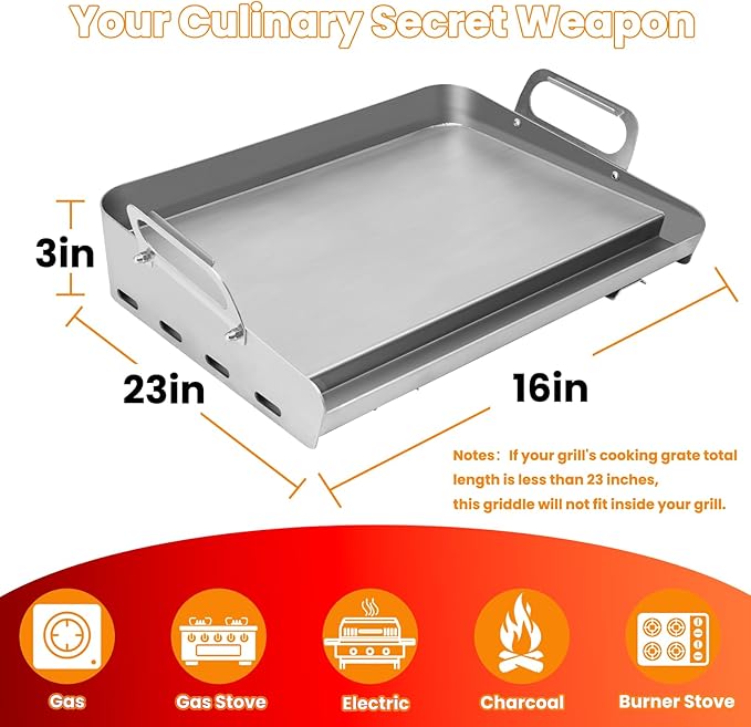 Universal Stainless Steel Griddle for Gas Grill and Gas Stove, 17” X 13” Flat Top Griddle With Handle for Weber, Nexgrill, Charbroils and Kenmore, Gas Griddle for Tailgating, Camping, and Party