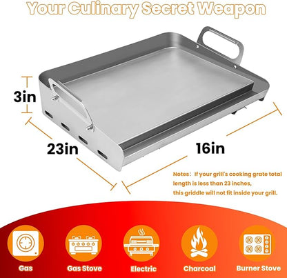 Universal Stainless Steel Griddle for Gas Grill and Gas Stove, 17” X 13” Flat Top Griddle With Handle for Weber, Nexgrill, Charbroils and Kenmore, Gas Griddle for Tailgating, Camping, and Party
