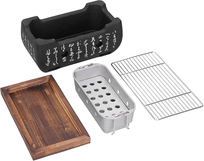 Japanese Charcoal Barbecue Grill, Household Aluminium Alloy Japanese BBQ Grill with Wire Mesh and Wooden Base Portable Barbecue Stove for Outdoor Camping Picnic