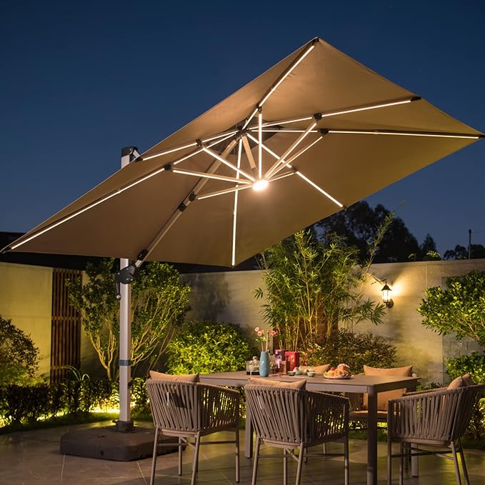 10x10 FT Square Cantilever Patio Umbrella with Solar LED Lights and Cross Base, 360° Rotation Large Heavy Duty Offset Outdoor Umbrella with Easy Tilt for Pool Backyard Deck Garden, Khaki