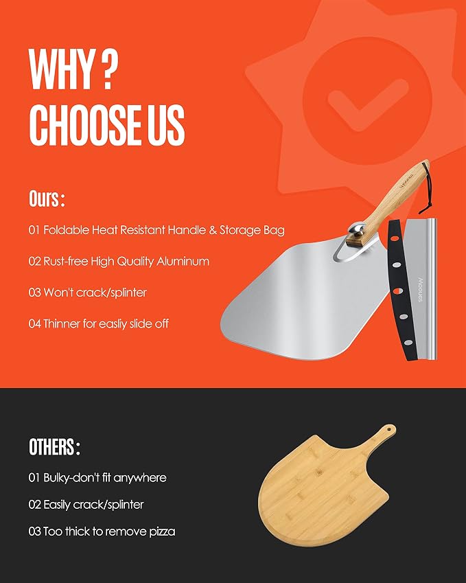 Mooues Pizza Peel Aluminum 17 inch Pizza Spatula with Rocker Cutter | Metal Pizza Paddle(12"x 17") Foldable Wood Handle, [Storage bag included], for Family Pizza Oven Baking Pizza, Dough& Pastry