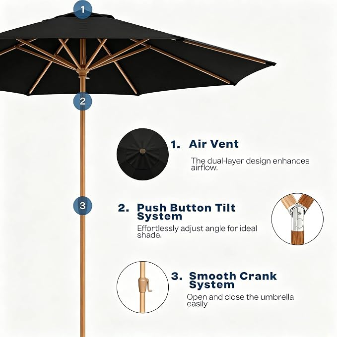 9ft Outdoor Patio Umbrella, Market Table Umbrella with Crank and Easy Push Button Tilt, Wood Grain Frame, UPF 50+ for Pool, Garden, Deck, Backyard