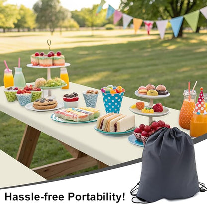 Smiry Picnic Table Cover with Bench Covers, Waterproof Elastic Fitted Polyester Tablecloths for 4 Ft Rectangle Tables, Washable Windproof Tablecloth for Camping, RV & Outdoor (Beige, 24x48 Inches)
