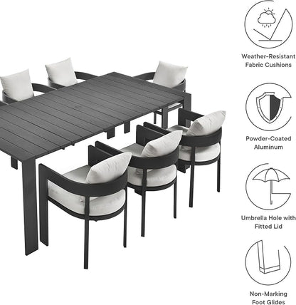 Modway Tahoe Outdoor Patio Powder-Coated Aluminum 9-Piece Dining Set in Gray White - Rectangular Patio Furniture Set for 8 - Outside Table with Umbrella Hole and Cushioned Chairs - Modern Patio Set