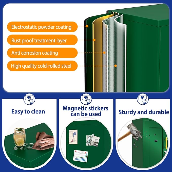 GAIOUS Metal Storage Cabinet with Lock and Wheels, Steel Tool Cabinet with 2 Door and 2 Adjustable Shelves, 35” Tall Lockable File Cabinet, Garage Cabinet, Rolling Cabinet for Home Office - Green