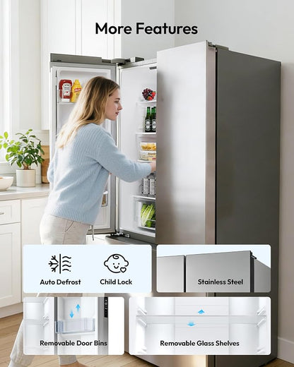 18 Cu.Ft French Door Refrigerator with Freezer Drawer – Frost Free, UL Certified, Side by Side Fridge with Door Ajar Alarm & 3 Smart Modes