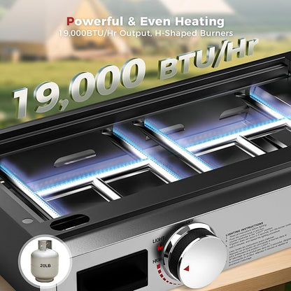 CAMPLUX Propane Tabletop Grill Griddle 2-in-1, Non-Stick Flat Top Griddle with Ceramic Coated 19,000 BTU, 23-Inch Gas Grill for RV, Camping, Tailgating, and Outdoor GG302S