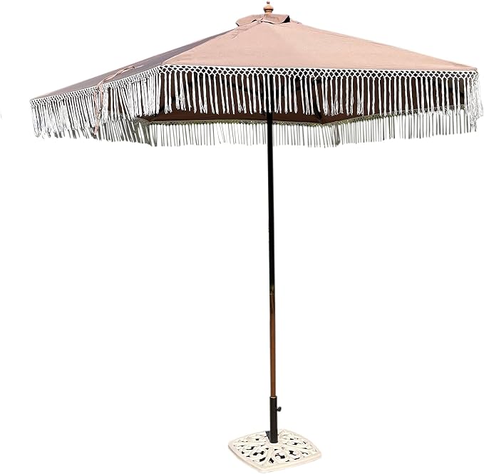 FORMOSA 9ft 6 Rib Market Bohemian Patio Umbrella Replacement Canopy - 300D UV Protective and Water Resistant Patio Canopy - Taupe Tassels