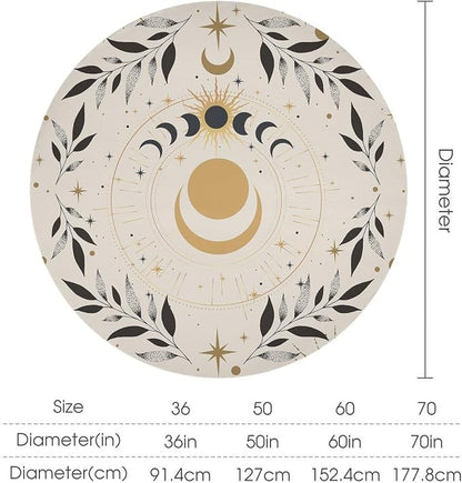 Vintage Boho Sun Moon Round Tablecloth Moon Phase Star Galaxy Space Wildflower Table Cloth Water Resistant Wipeable Table Cover for Farmhouse Picnic Party Holiday Kitchen Dinner Table 70"