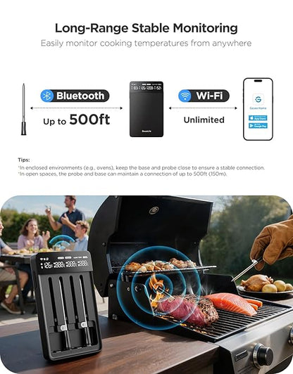 GoveeLife Bluetooth Wireless Meat Thermometer with 4 Probes, WiFi Unlimited Range, ±1.8℉ Accuracy, IP68 Waterproof Real Time Monitoring Digital Food Thermometer for Kitchen, BBQ, Grill, Oven, Smoker