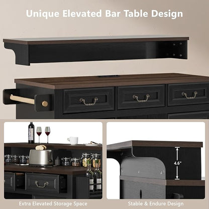 Merax 53.2" Two-Tier Kitchen Island with Storage, Farmhouse Kitchen Island with Power Outlet, 4 Door Shelves, Adjustable Shelves, 3 Drawers, Rolling Island Table, Bar Cabinet for Kitchen, Ash Black
